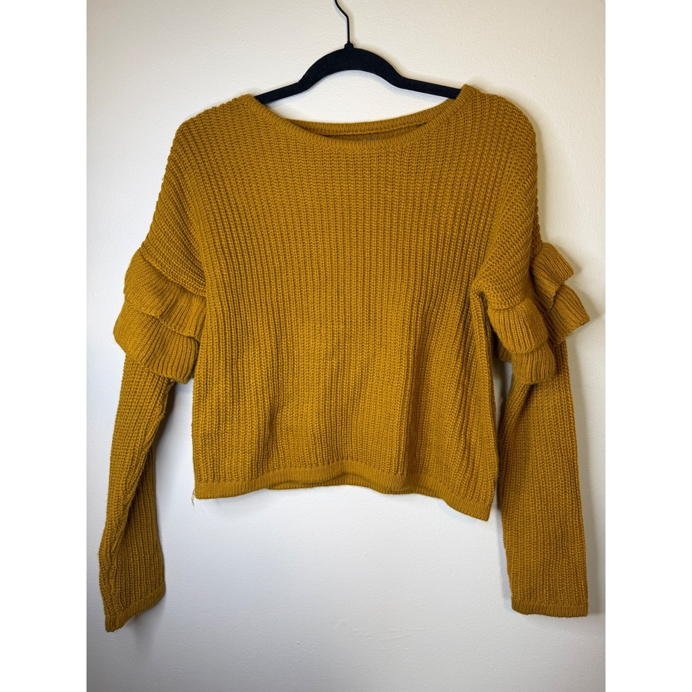 Charlotte Russe Y2K Mustard Yellow Knit Sweater Ruffle Sleeve Cropped Women's S